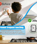 Child reaching for stove switch with 'Before' and 'After' images showing protective lock box installed.