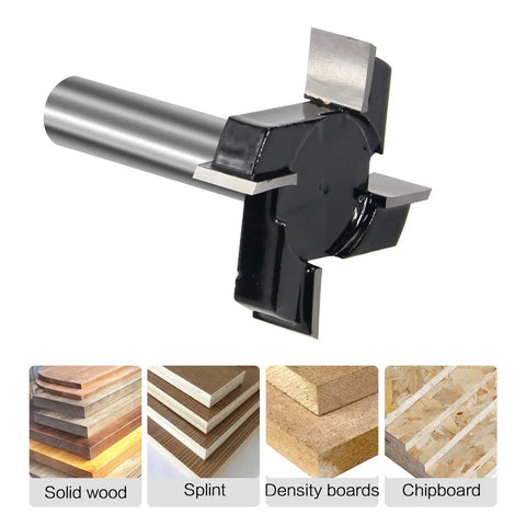 Four Wing CNC Spoilboard Surfacing Router Bit With Half Inch Shank, Two Inch Cut Diameter, Carbide Tipped, suitable for wood and boards.