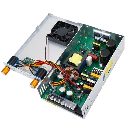 Inside view of Bench Power Supply 0-60V Adjustable DC Buck Converter 8A 480W With 110V 220V Input showing internal components and fan.