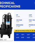 Image of Submersible Sewage Pump With Auto Float Switch Three Quarter HP 6400 GPH 29 Ft Lift 2 Inch NPT Discharge Beefed Up Residential Sump Basin Pump Oil Filled Motor Black displaying technical specifications.