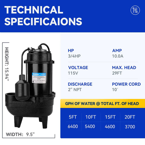 Image of Submersible Sewage Pump With Auto Float Switch Three Quarter HP 6400 GPH 29 Ft Lift 2 Inch NPT Discharge Beefed Up Residential Sump Basin Pump Oil Filled Motor Black displaying technical specifications.