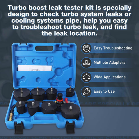 Angchun turbo boost leak tester kit in a blue plastic case with 10 pieces and pressure gauge.