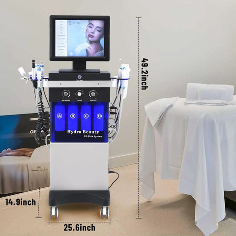 All In One Hydrogen Oxygen Facial Skin Care Machine With 10.4 Inch Touch Screen For Home And Office Use next to spa table