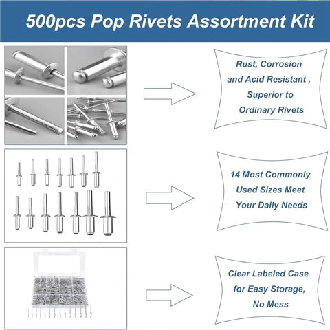 500pcs Pop Rivets Assortment Kit with aluminum blind rivets and labeled case showing 14 common sizes in storage compartments.