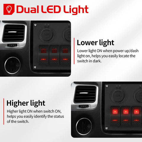 Six Gang Rocker Switch Panel 12V Marine Waterproof With Red LED 5 Pin Toggle USB Port Cigarette Lighter Socket And Voltmeter For Boat Car RV And Auto Applications showing dual LED light functionality.