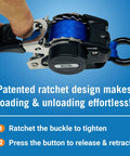 Hand demonstrating Heavy Duty Stainless Steel Retractable Ratchet Straps Set 1 Inch By 72 Inch with self retracting buckle.