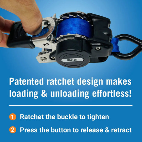 Hand demonstrating Heavy Duty Stainless Steel Retractable Ratchet Straps Set 1 Inch By 72 Inch with self retracting buckle.