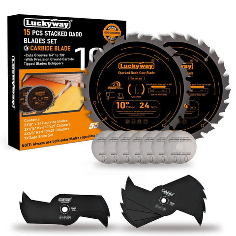 10 Inch Dado Blade Set For Table Saw With 24 Carbide Teeth, Stacked Dado Kit, 15 Piece with blades and case displayed.