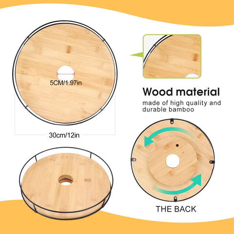 12 Inch Lazy Susan With Umbrella Hole For Outdoor Patio Table No Fuss 360 Degree Rotation Iron Turntable Organizer showcasing wood material and dimensions.