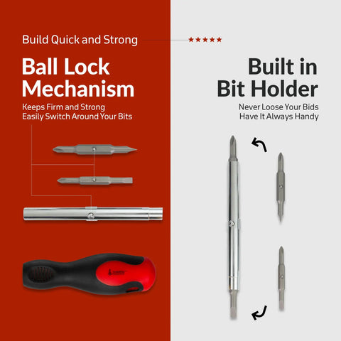 Six In One Screwdriver Set Grab And Go With Non Slip Grip Built In Bit Holder And Nut Driver For Multipurpose Use Including Phillips And Slotted Bits In High Quality Steel