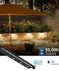 8 Pack 5W 12 Inch LED Hardscape Paver Lighting Kit installed on retaining wall under garden umbrella, black finish, 2700K soft white light