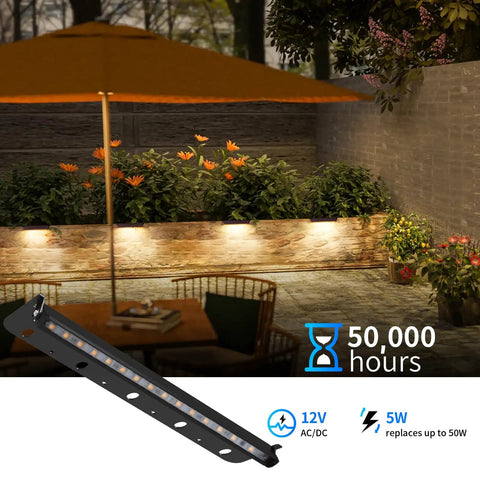 8 Pack 5W 12 Inch LED Hardscape Paver Lighting Kit installed on retaining wall under garden umbrella, black finish, 2700K soft white light
