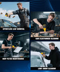 Man using Air Duster 380W Beast Power Brushless High Speed Motor 100,000 RPM Turbo Jet Fan in various settings for cleaning.