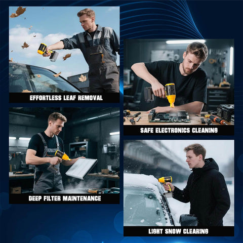 Man using Air Duster 380W Beast Power Brushless High Speed Motor 100,000 RPM Turbo Jet Fan in various settings for cleaning.