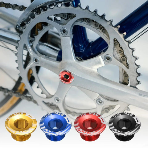 Golden M18 Aluminum Alloy Crank Cover Screw For Bicycle Crankset Arm Bolt And Chainwheel Screws Heavy Duty Fixing Bolt For Mountain Bikes Pro Grade Rust Resistant 7075 Grade installed in crankset and color options shown