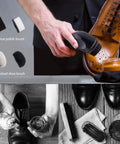 Portable Electric Shoe Polisher Brush For Rapid Shine And Fresh Kicks With Smooth Premium Leather Finish Hassle Free Auto Dust Extractor in use on a brown dress shoe.