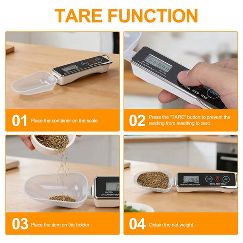 Must Have Digital Kitchen Scale And Measuring Spoon Duo With 0.05g Precision Up To 500g showing tare function in four steps