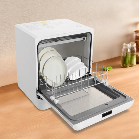 Big Time Portable Countertop Dishwasher Compact Mini Automatic Washing Machine with plates in stainless steel rack on a wooden countertop.