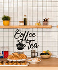 Coffee Bar Decor Metal Sign 12x10 Inch Wall Art Rustic Vintage Black Cup Letter Sign in a kitchen setting with snacks