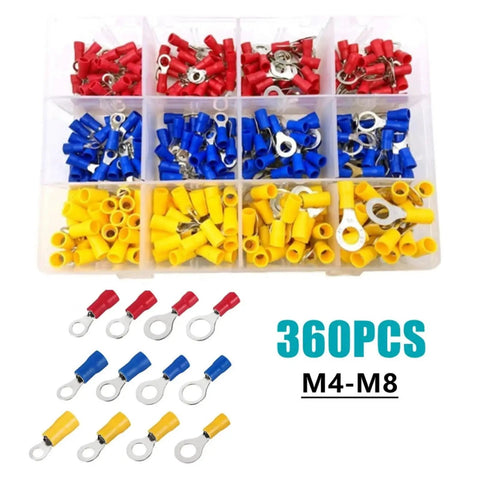 Get This Awesome 360 PCS Insulated Ring Terminals Kit With M4 M5 M6 And M8 Sizes For Cold Pressed Electrical Wire Cable Crimp Connectors That Fits 22 To 10 AWG Wiring Perfectly For Any Serious Car Or Home Electrical Gig. 360-piece insulated ring terminal kit, M4-M8, red blue yellow