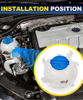 Heavy Duty Front Engine Coolant Reservoir Expansion Tank With Cap For Audi A3 Q3 TT And Volkswagen Beetle Eos Golf Passat Jetta Drop In Replacement Radiator Overflow Tank 1K0121407A installed view