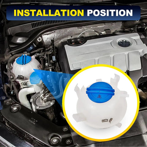 Heavy Duty Front Engine Coolant Reservoir Expansion Tank With Cap For Audi A3 Q3 TT And Volkswagen Beetle Eos Golf Passat Jetta Drop In Replacement Radiator Overflow Tank 1K0121407A installed view