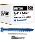Quarter Inch By One Quarter Inch Hex Head Blue Concrete Screw Anchor With Drill Bit And Driver, Box Of 500 In Bulk Pack