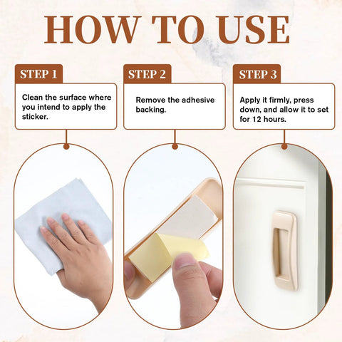 How to install 4 Pcs Self Stick Instant Cabinet Drawer Handles Adhesive No Drill Mounting, showing cleaning, peeling, and applying steps.