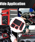 Flexible PVC Magnetic Tool Mat Set In Four Sizes 40 Lb Holding Force Non Slip Tool Tray Pads With Hanging Hole For Automotive Maintenance And Garage Workshops Keeps Screws And Wrenches From Rolling, shown on car and tool cabinet