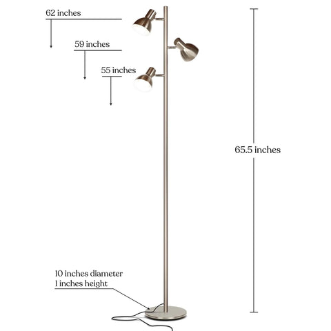 Ethan Dimmable Floor Lamp For Bedroom Reading And Living Room Decor with Nickel Finish, showing dimensions and LED heads