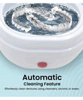 Portable Ultrasonic Denture And Retainer Cleaner Case With Automatic Wash Feature And Built In Filter for cleaning dentures in water.