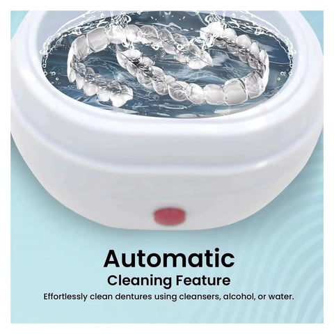 Portable Ultrasonic Denture And Retainer Cleaner Case With Automatic Wash Feature And Built In Filter for cleaning dentures in water.