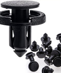 Close-up of Tesla 20 Piece 8mm Bumper Cover Undertray Push Type Retainer Clips for Model 3, Y, X, S in black nylon.