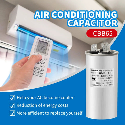 Dual Run Round CBB65 Capacitor 30 Plus 5 MFD Five Percent Tolerance 370 To 440 Volt For AC Motors HVAC Air Conditioner