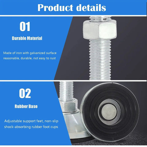 Close-up of Heavy Duty Adjustable Leveling Feet 4 Pack Tough As Nails Carbon Steel Support Legs, showcasing durable iron material and rubber base.