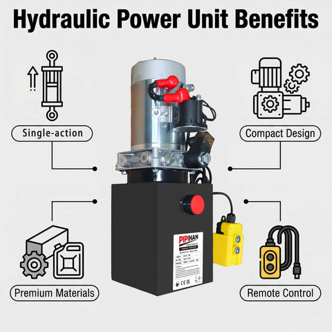 12 Quart Single Acting Hydraulic Pump Power Unit 12 Volt DC 2850 RPM 2.1cc Per Rev Beefed Up Built To Last Heavy Duty Corrosion Resistant Pump With SAE Six Connector For Dump Trailer Or Car Lifting