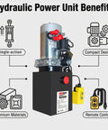 Heavy Duty Single Acting Hydraulic Pump 8 Quart Power Unit With 12V DC Motor And SAE #6 Fittings, featuring compact design and remote control.