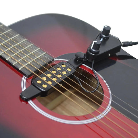 Soundhole Magnetic Pickup With Volume And Tone Controls For Acoustic Guitars, 12 Hole Transducer Kit on red acoustic guitar