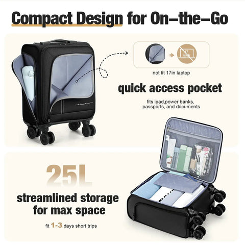 Underseat Carry On Luggage That Feels Like A Pro Airline Approved Softside Case With Removable Wheels, quick access pocket