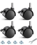 Front view of four 1.5-inch black locking stem casters with 5/16-inch threaded stems and T-nut hardware