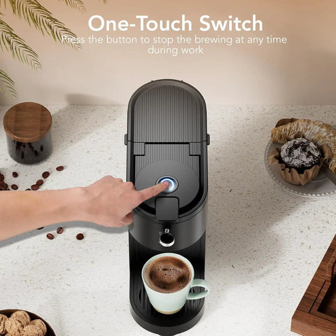 2 In 1 Single Serve Coffee Maker For K Cup Pods And Ground Coffee, Adjustable 6 To 14 Oz Brews, shown with one-touch switch