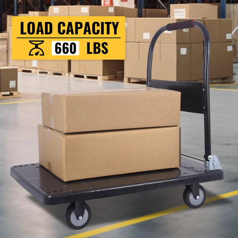 Foldable Heavy Duty Push Cart Dolly With 660 Lb Capacity And Swivel Wheels For Home Garage Or Warehouse Use Flatbed Cart In Use