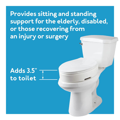 Hinged Elongated Toilet Seat Riser Delivers A Bold Three Point Five Inch Lift For Heavy Duty Three Hundred Pound Support No Sweat Installation And Easy Breezy Cleaning In Clean White