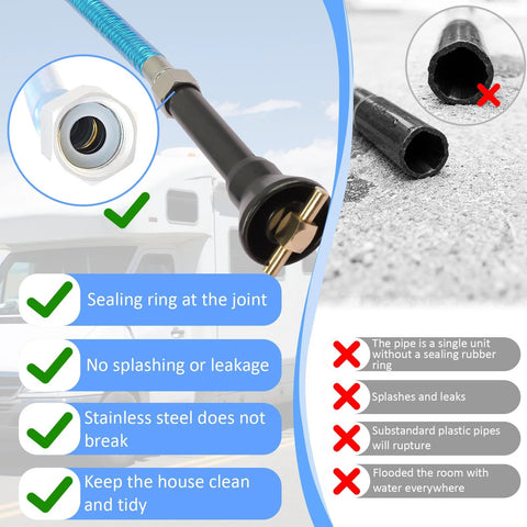 RV black tank cleaning wand with sealing ring at joint, brass nozzle, and blue flexible hose (side view)