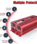 Heavy Duty 1500 Watt Power Inverter DC To AC Converter With Dual Household Outlets And Fast Usb Charging Built Like A Tank For Trucks And Trailers showing multiple protection features.