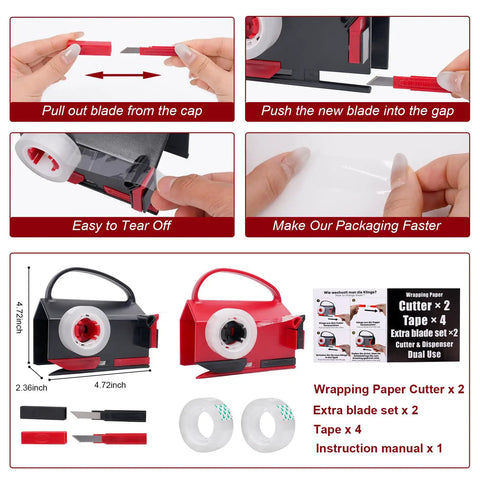 Two In One Wrapping Paper Cutter And Tape Dispenser All In One Wrapping Station No Fuss With Four Tape Refills And Two Blades For Quick Easy Gift Wrapping Ideal For Parties And Holidays Making Gift Wrapping Fast Clean And Fun.