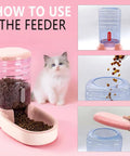 Reliable Gravity Dog Food Dispenser Automatic Cat Feeder With One Gallon Capacity For Small Medium Dogs And Cats Pink Siphon Kibble Station with feeding instructions.
