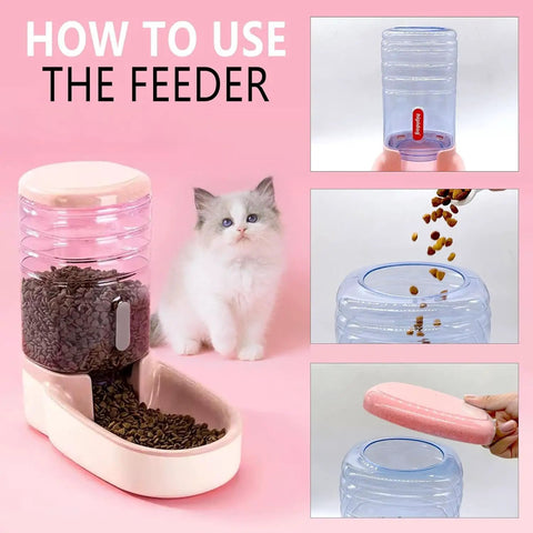 Reliable Gravity Dog Food Dispenser Automatic Cat Feeder With One Gallon Capacity For Small Medium Dogs And Cats Pink Siphon Kibble Station with feeding instructions.