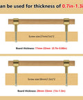 Beech Wood Drawer Pulls 10 Pack Gold Finish Cabinet Handles installation guide with screw and board thickness details