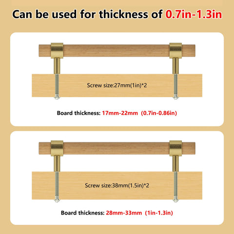 Beech Wood Drawer Pulls 10 Pack Gold Finish Cabinet Handles installation guide with screw and board thickness details